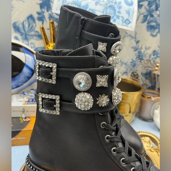 🆕 KURT GEIGER LONDON 🧿 NWOB Stoop Black Leather Combat Boot, Crystal Sz 37 US7 - Picture 10 of 15